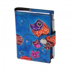 Copridiario-Mini Estraibile in Cuoio Dipinto a Mano disegno Gufetti Turchese